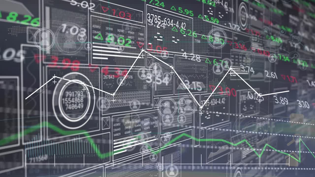 Animation of numbers, world map, user icons and financial data on digital screen
