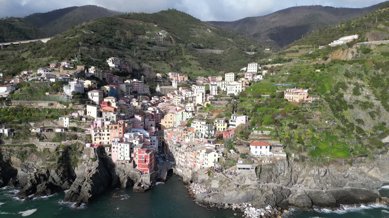 Riomaggiore Cinque Terre Italy aerial seaside village on cliffs