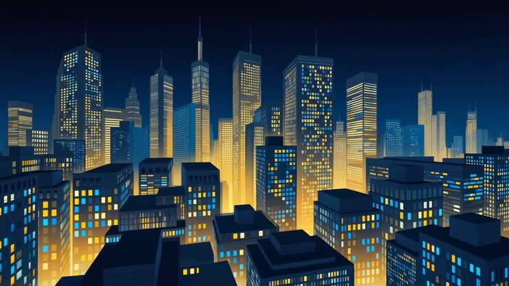 Paesaggio cittadino notturno con edifici illuminati