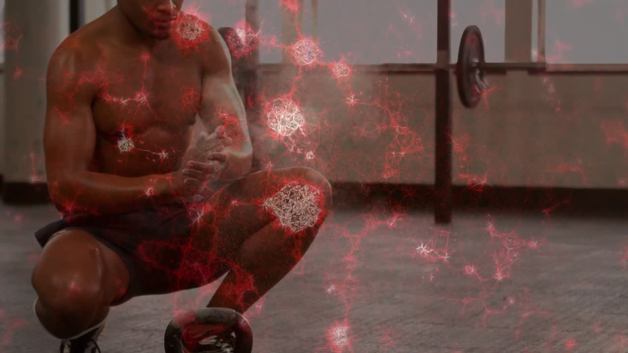 Man squatting, rubbing chalk, gripping kettlebell with red overlay drifting, preparing fitness lift