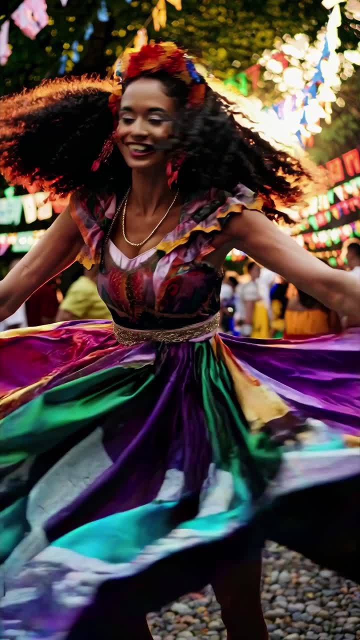 Vibrant festival scene with a woman dancing in colorful attire, captured in a dynamic low-angle