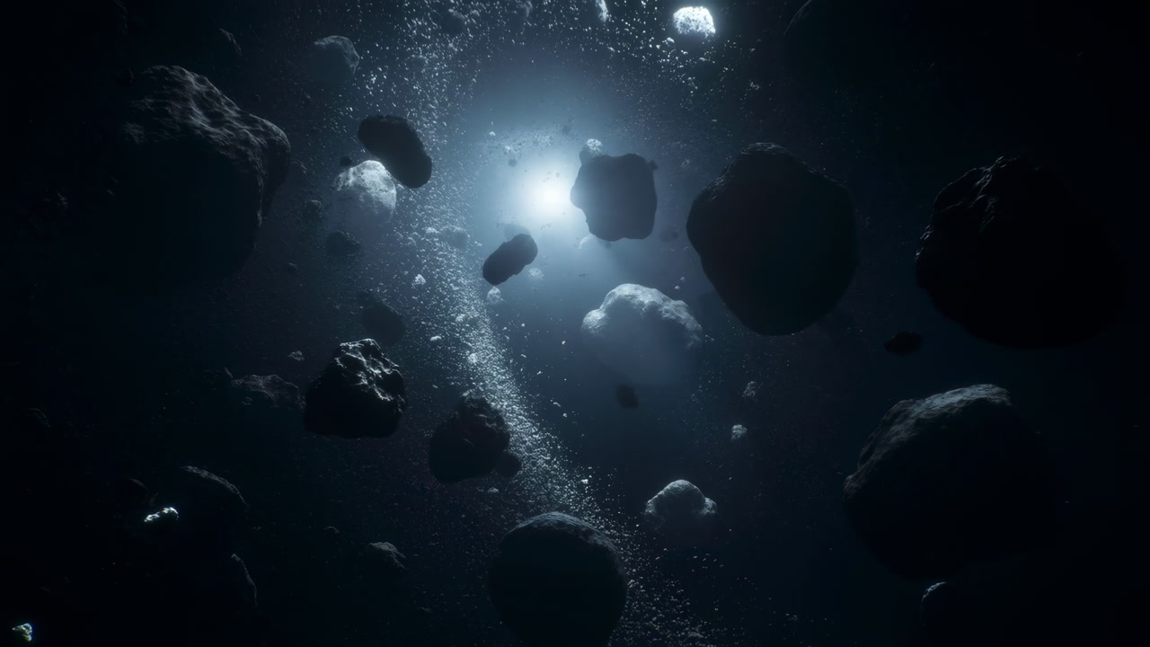 Dark Asteroid Field Drifting Toward Light, Rugged Rock Silhouettes, Sparse Starlight And Particle Dust, Cold
