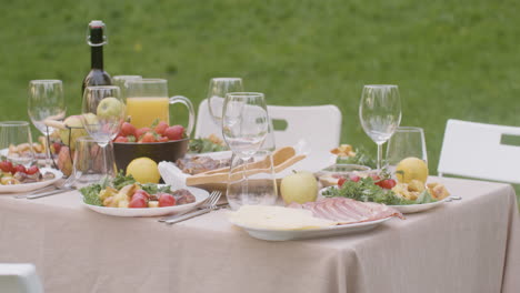 nahaufnahme eines esstisches mit verschiedenen speisen und getränken für eine party im freien im park 2