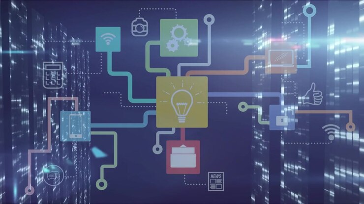 Digital Network Diagram with Icons and Data Connections