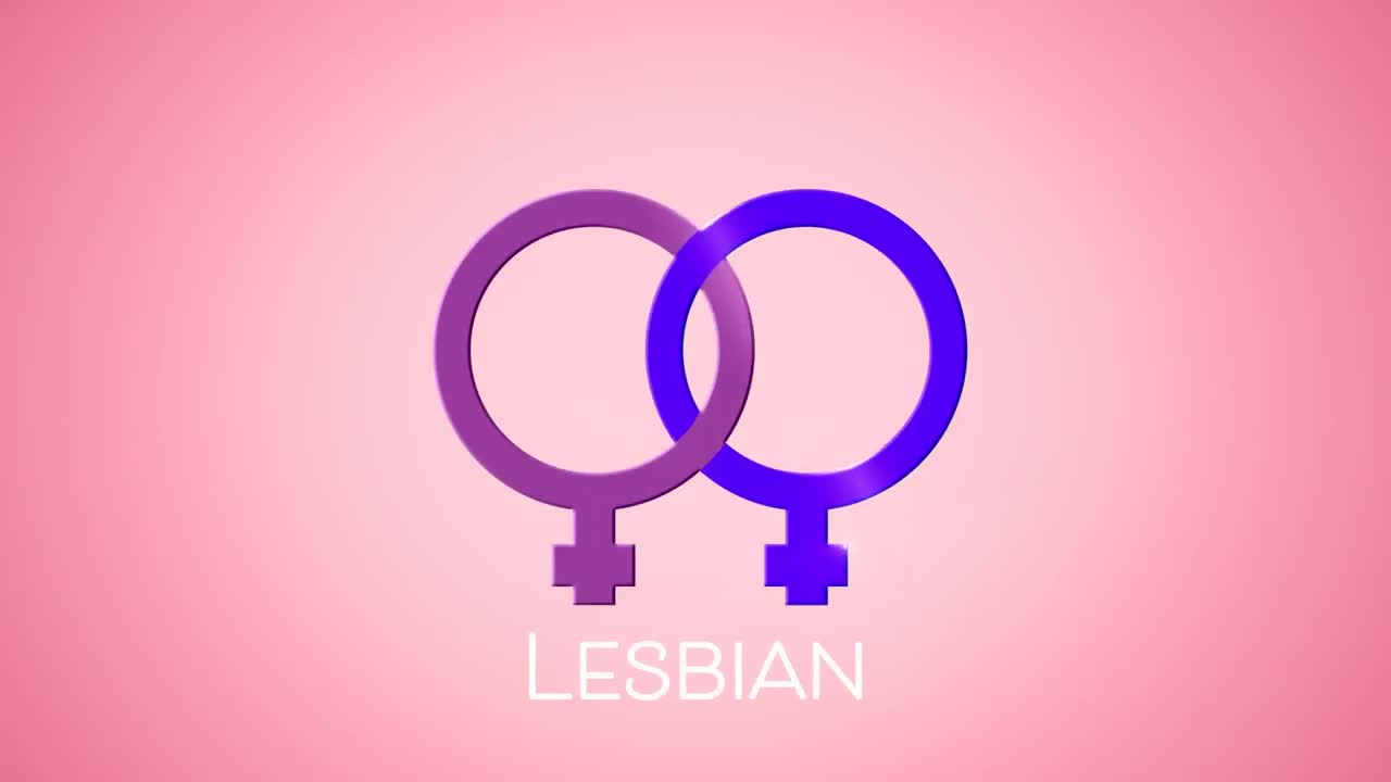 Animation of text lesbian, with two linked female gender symbols, on pink
