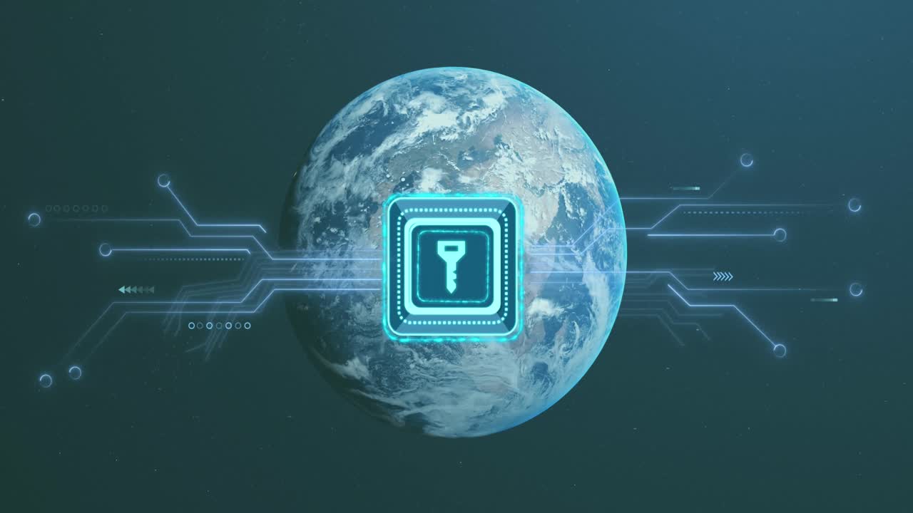 animación del icono de la llave con la placa de circuitos de la computadora sobre el globo sobre fondo negro.