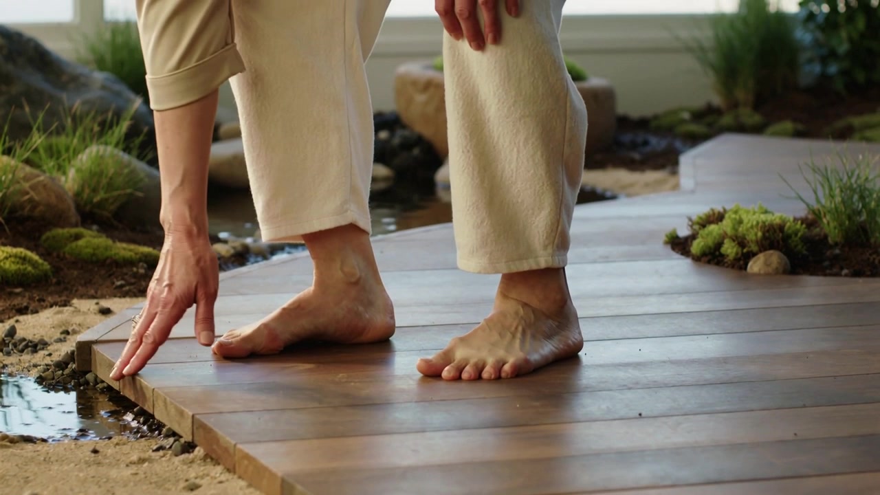 Stepping barefoot woman in pants on deck shifting reaching pond in sunroom testing water with ring