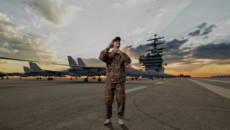 full body of asian man soldier dancing while standing on aircraft carrier