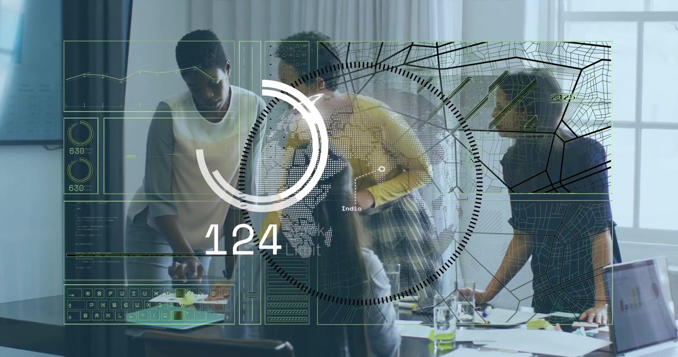 Four women reviewing business data, leader pointing, activating HUD globe and progress climbing