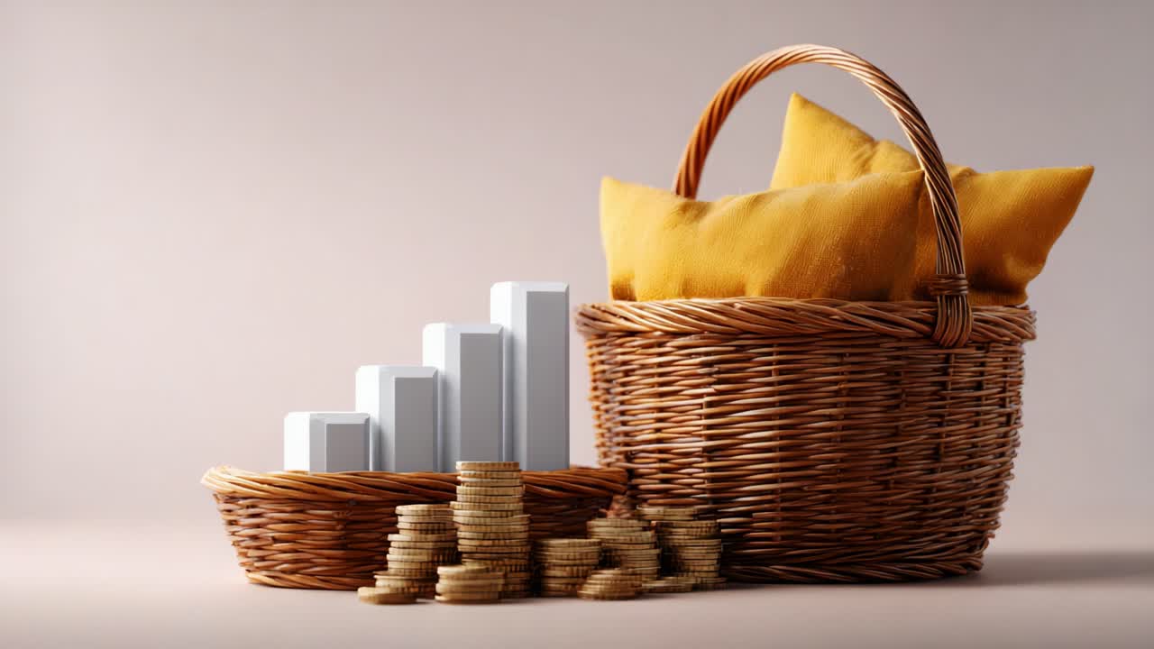 Representasi Visual Pertumbuhan Keuangan dengan Koin, Bantal, dan Grafik Batang dalam Susunan Keranjang yang Menangkap Konsep Investasi dan Strategi Manajemen Kekayaan
