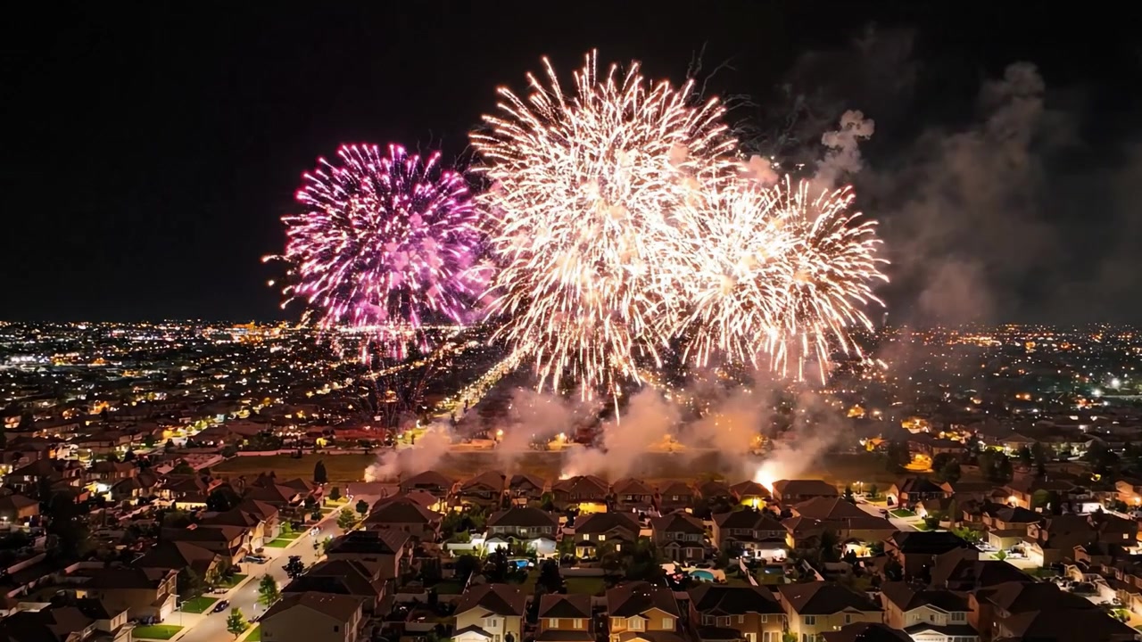 Spettacolare spettacolo pirotecnico su un paesaggio urbano: uno show abbagliante di fuochi d'artificio colorati che illuminano il cielo notturno sopra i quartieri urbani.