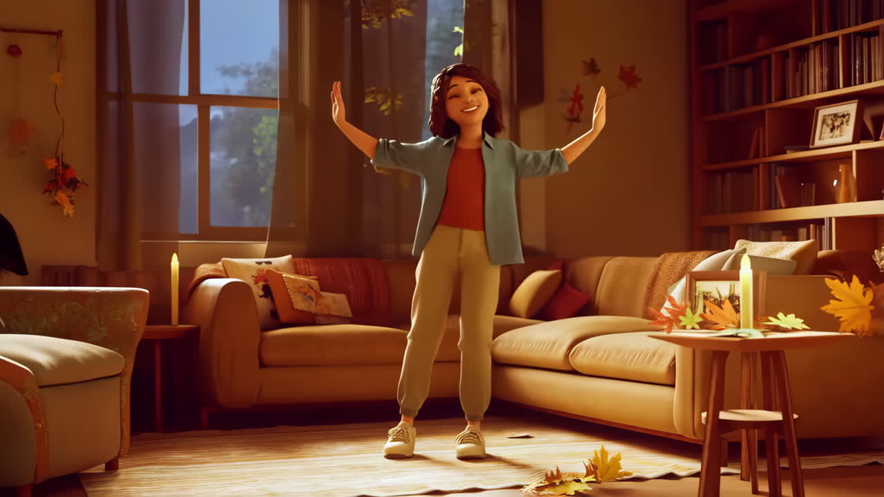 A woman in a cozy living room in the fall