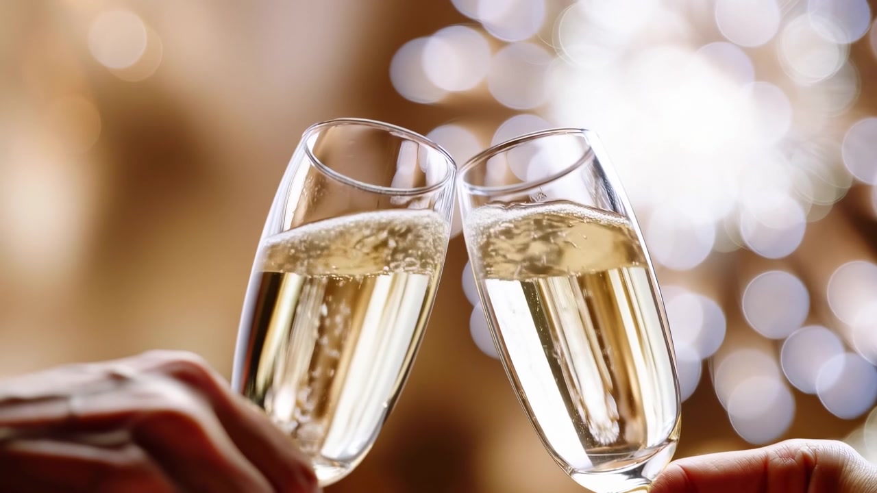Due calici di champagne che tintinnano contro luci bokeh, primo piano intimo di mani che tengono vino spumante, dorato