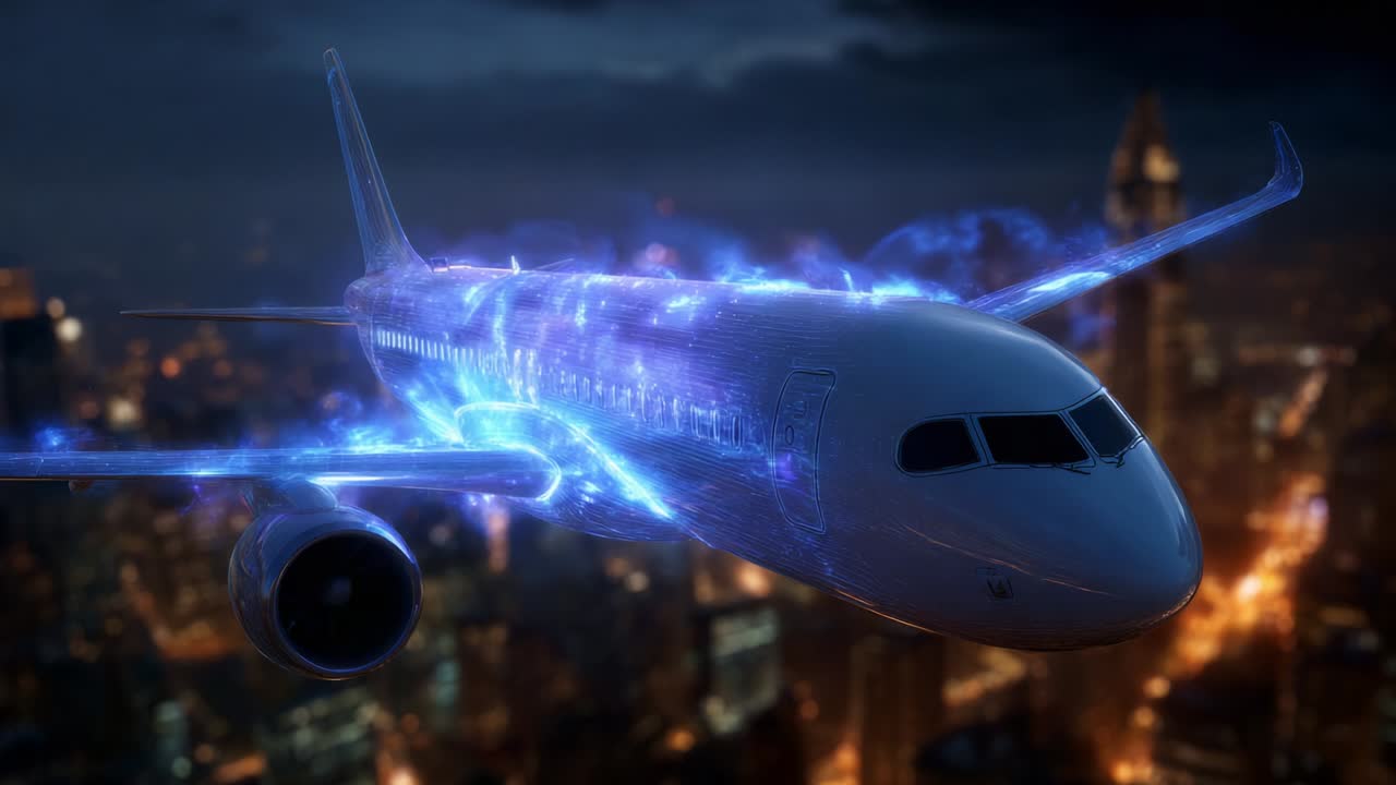 A futuristic and illuminated aircraft soars through the night sky, showcasing a stunning display of vibrant energy and light effects that enhance its aerodynamic design against the urban skyline
