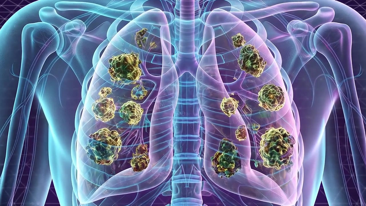 Animación médica 3D de la progresión del cáncer de pulmón.