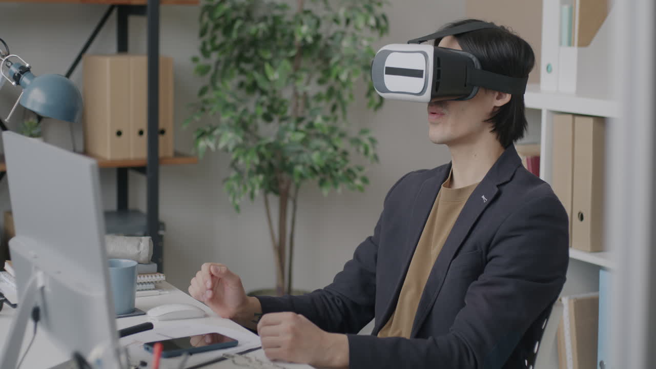 Man using VR headset in office environment