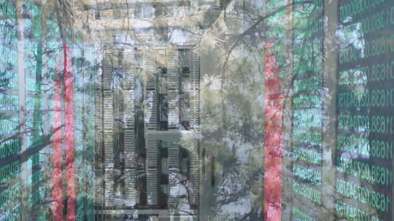 Data processing animation over forest scene with digital code overlay