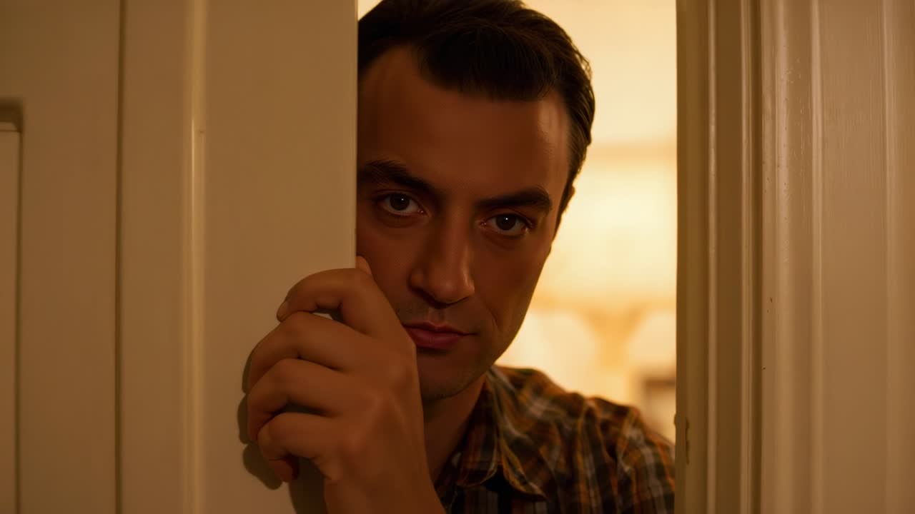 Sentendo un rumore, uomo che tiene la porta e sbircia attraverso una fessura stretta, onde sonore di sicurezza che mostrano l'ascolto