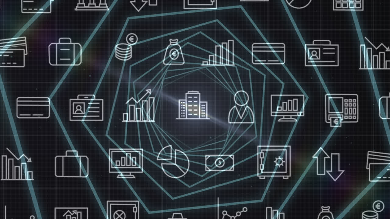 animación de iconos de negocios sobre el túnel sobre fondo negro