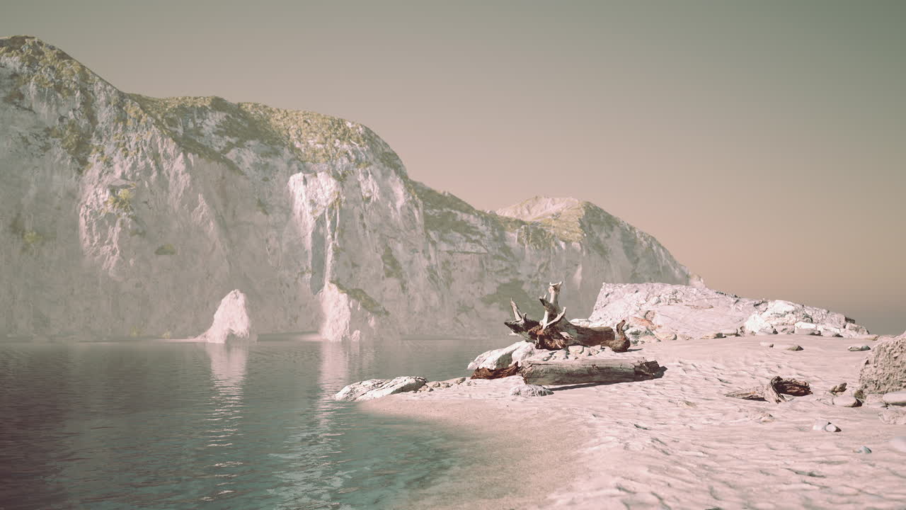 산 과 아름다운 모래 해변 을 가진 바위 가 많은 바다 해안