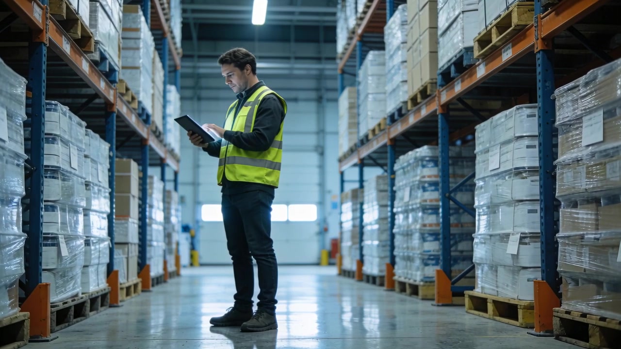 Apertura dell'app di inventario, lavoratore in abbigliamento ad alta visibilità che tocca un tablet tra gli scaffali portapallet, verificando le quantità.