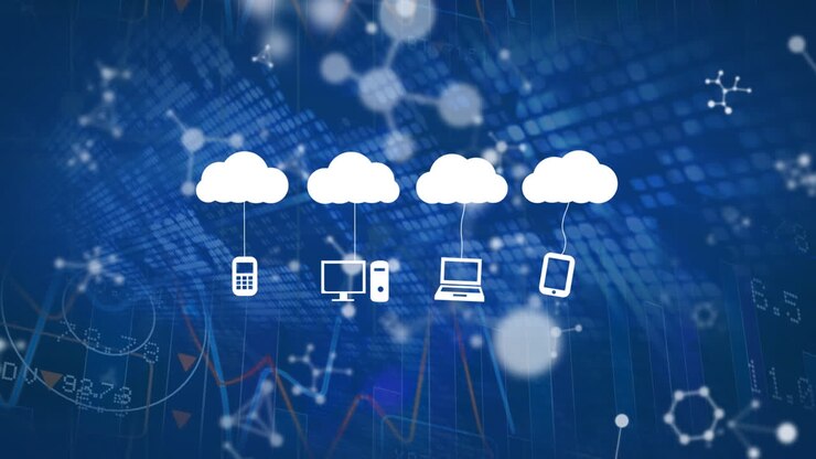 Animation of clouds with numbers and graphs over blue background