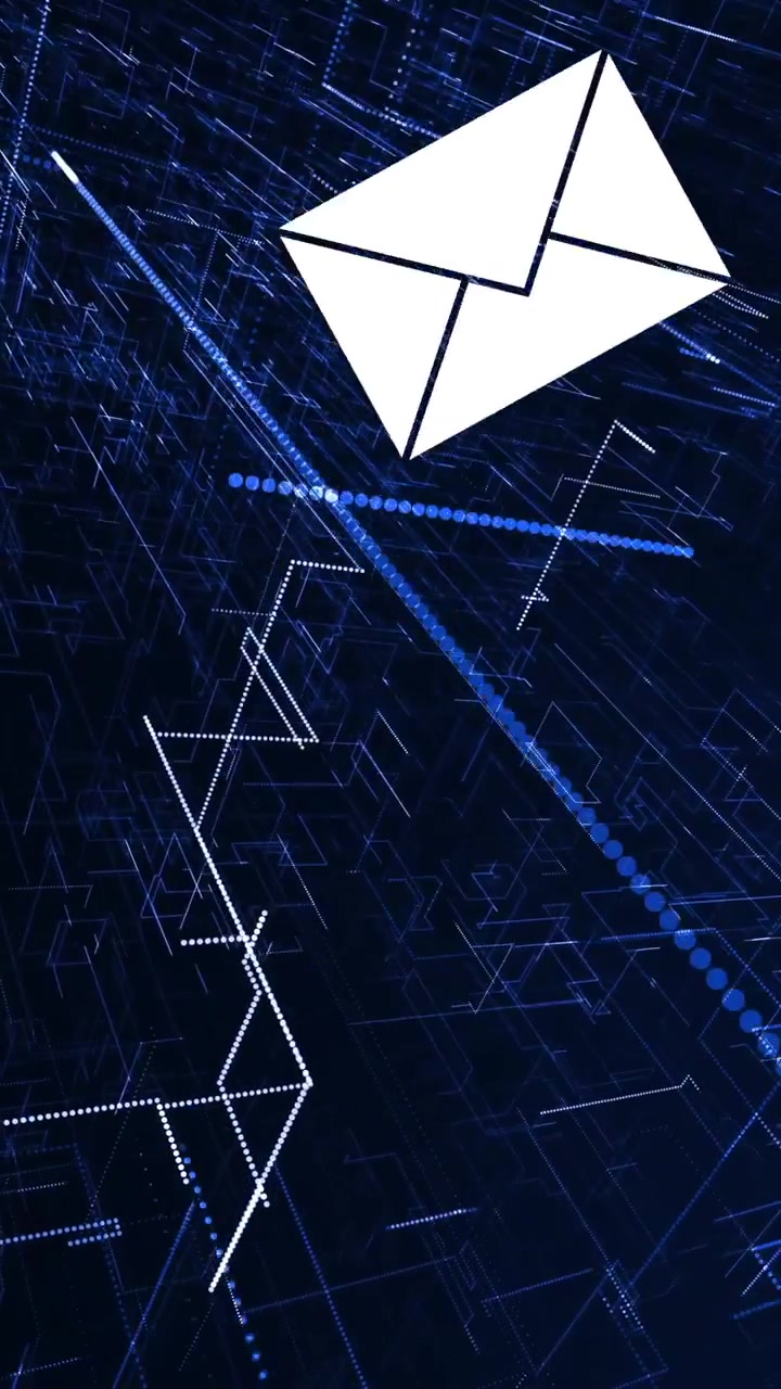 Animazione di icone email su sfondo di rete digitale con connessioni luminose