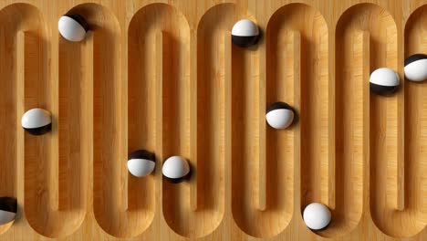 bright colorful background with rolling balls along the paths. plastic ball rolling in geometry deepening. 3d animation of a seamless loop
