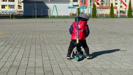 rear view of a toddler sitting on the scooter. child riding a bike outdoors on sunny autumn day.