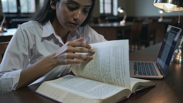 Scanning white-shirted student turning thick-book pages after line end at library, laptop and lamp