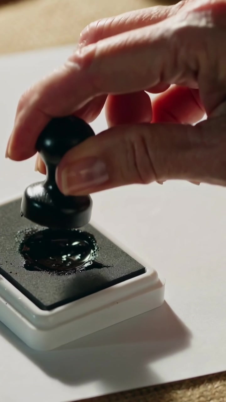 Vertical video: Placing right ringed hand over ink pad on table, pressing stamp to imprint paper