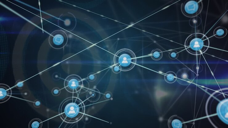 Animazione di una rete crescente di icone di persone che trasferiscono dati su connessioni luminose