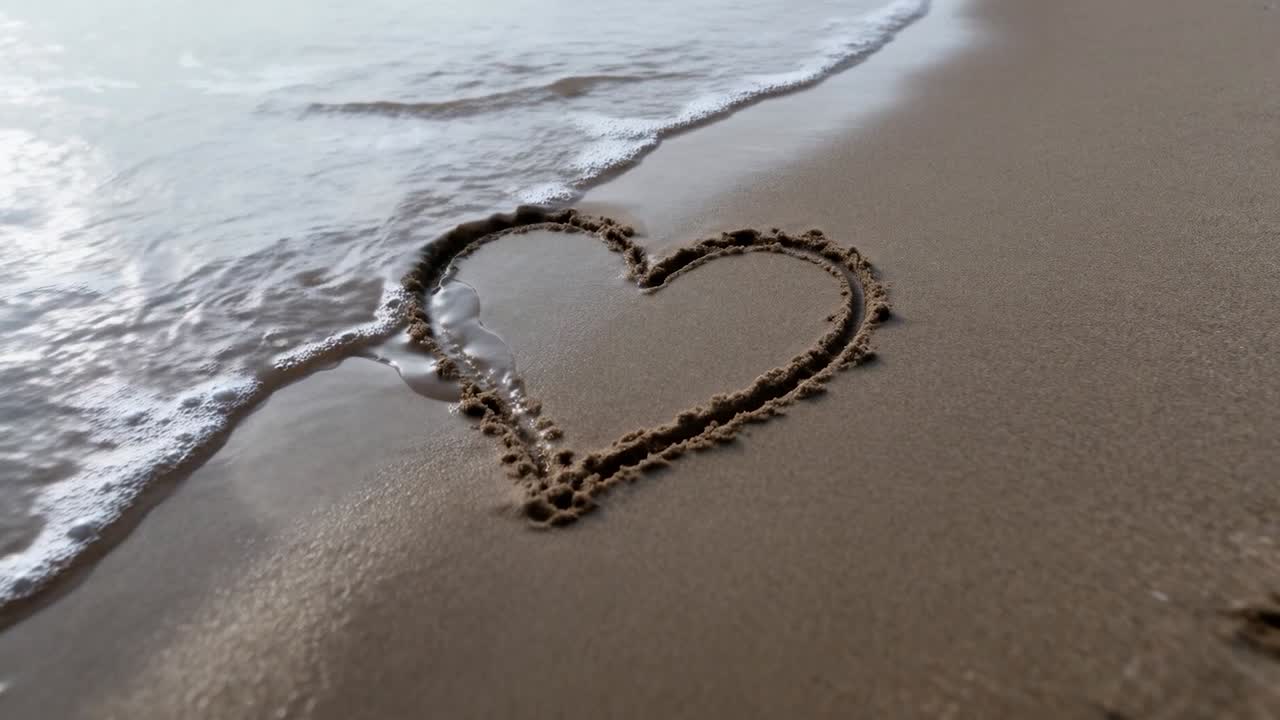 Onda avanzante che lambisce il lato sinistro del cuore nella sabbia sulla riva, per poi ritirarsi lasciando intatta la sagoma