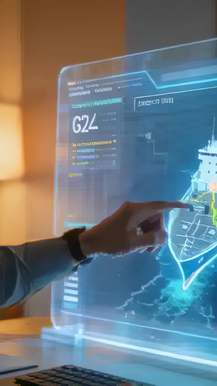 Vertical video: Entering right hand in sleeved shirt watch tapping holo ship at desk inspecting GP3