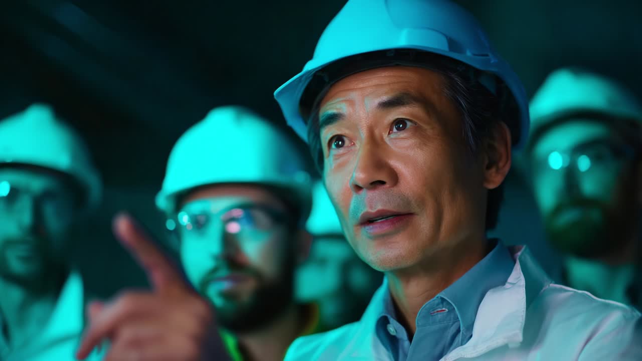 A group of professionals wearing safety helmets attentively listens to a leader who is passionately explaining critical information in a brightly lit industrial environment, emphasizing the importance of safety and collaboration