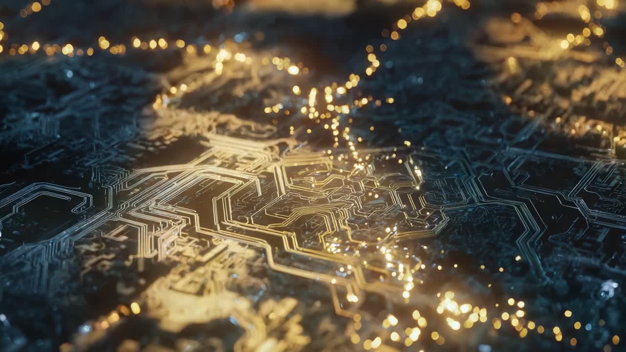 Abstract futuristic circuit board with electrons and electric signals moving through the motherboard. Digital information flows through the computer hardware for a cutting edge concept