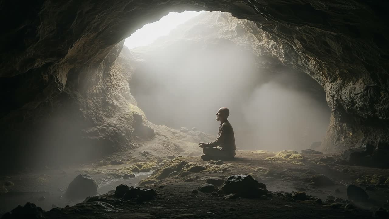 A Serene Meditation Scene Unfolds Inside a Mysterious Cave, Illuminated by Gentle Light Filtering Through the Entrance, Creating a Tranquil Atmosphere for Inner Reflection
