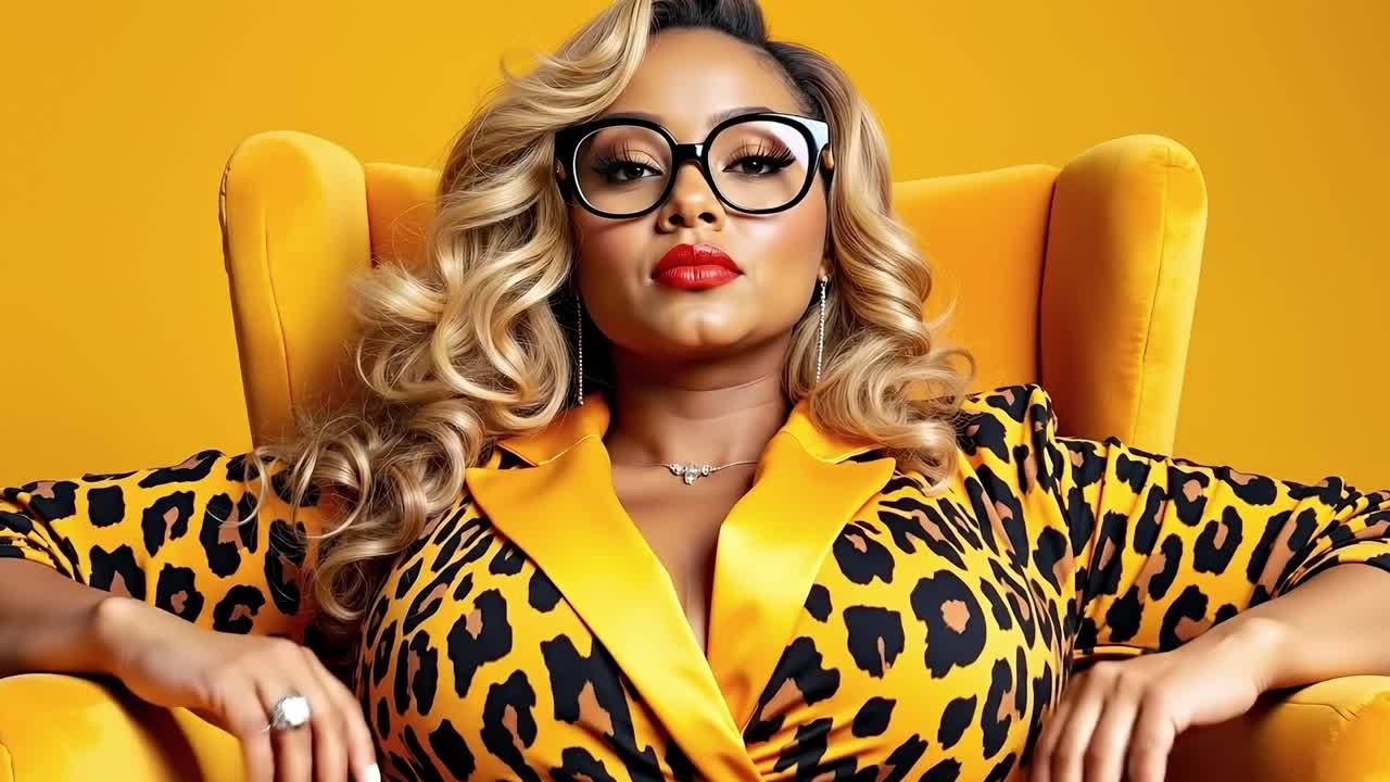 A woman in a leopard print dress sitting on a yellow chair