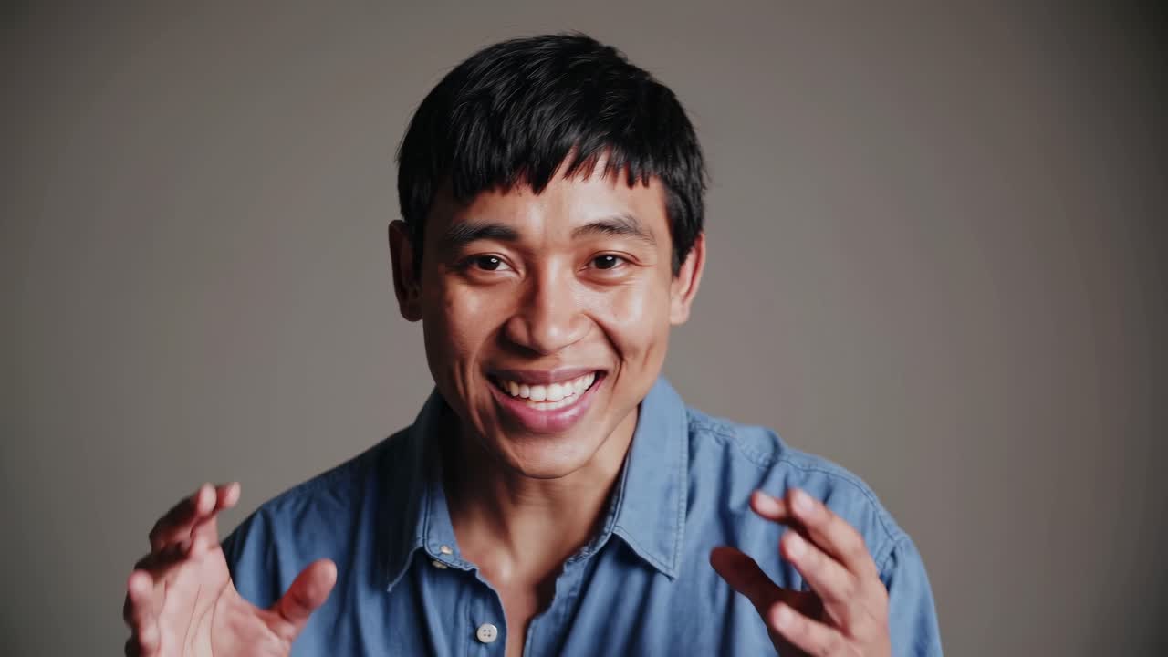 A close-up video captures a person speaking with expressive gestures, set against a neutral