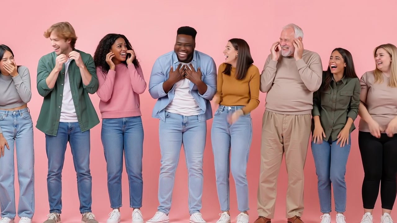 Gruppo eterogeneo di persone in fila contro una parete rosa con le mani sulle orecchie.