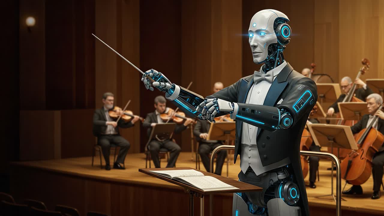 Futuristic Robot Conductor Leads a Classical Orchestra Performance with Precision and Elegance, Showcasing the Fusion of Technology and Musical Artistry in a Stunning Concert Hall