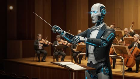 futuristic robot conductor leads a classical orchestra performance with precision and elegance, showcasing the fusion of technology and musical artistry in a stunning concert hall