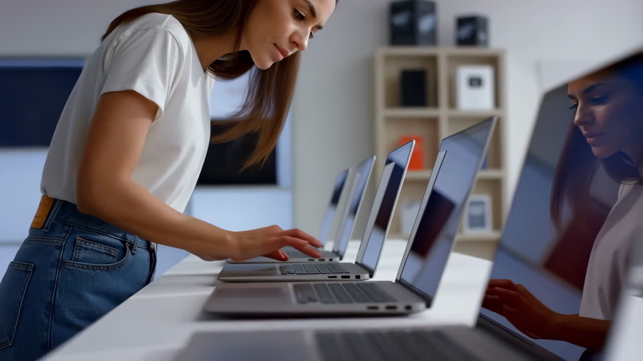 Woman browsing laptops in a store