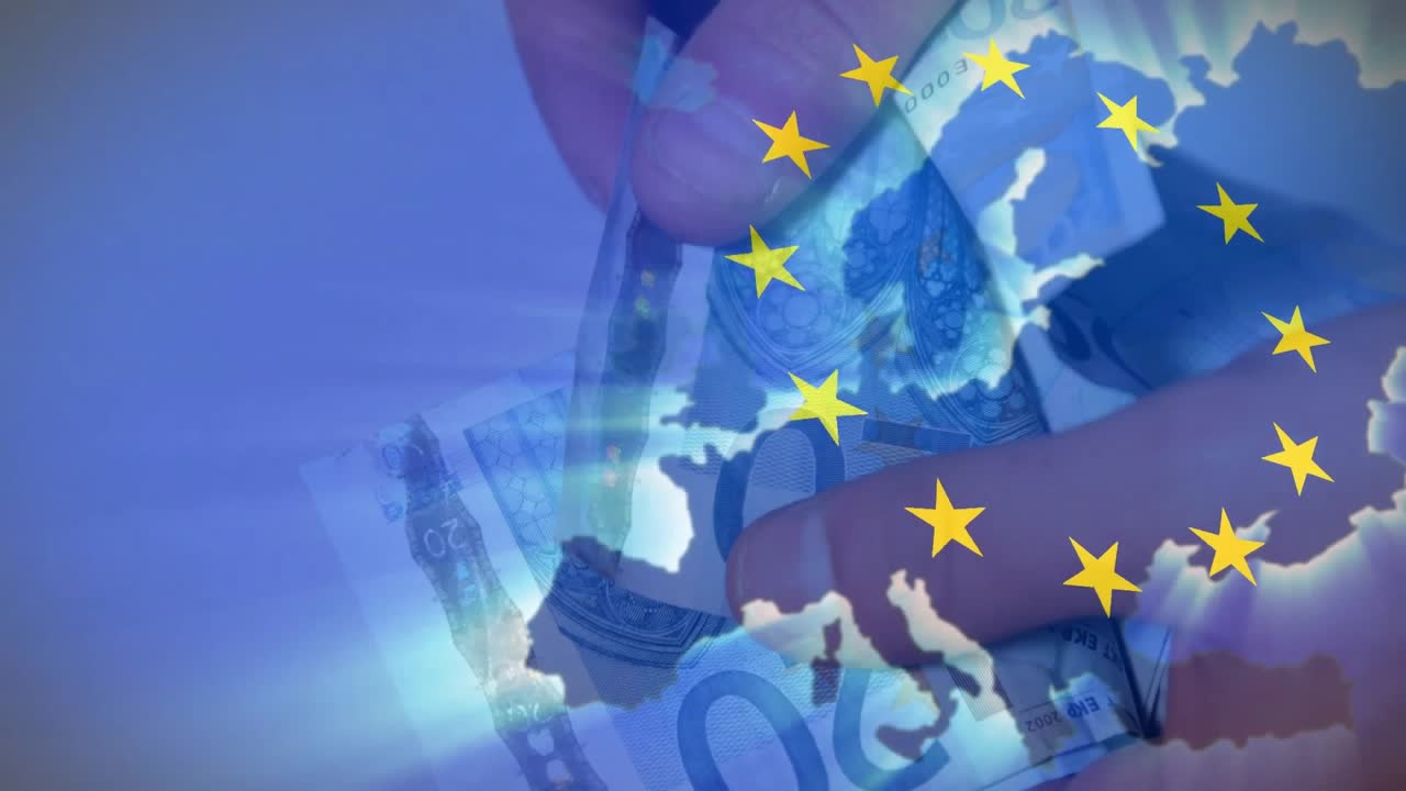 Animação da bandeira da União Europeia e mapa da Europa sobre cédulas de euro