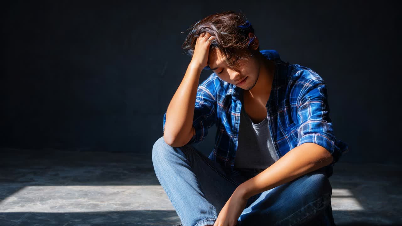 Un giovane con una camicia a quadri blu e jeans riflette profondamente seduto sul pavimento in una stanza scarsamente illuminata, trasmettendo emozioni di contemplazione e conflitto interiore in un'atmosfera serena