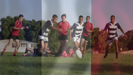 animation of flag of france over diverse male rugby players playing rugby