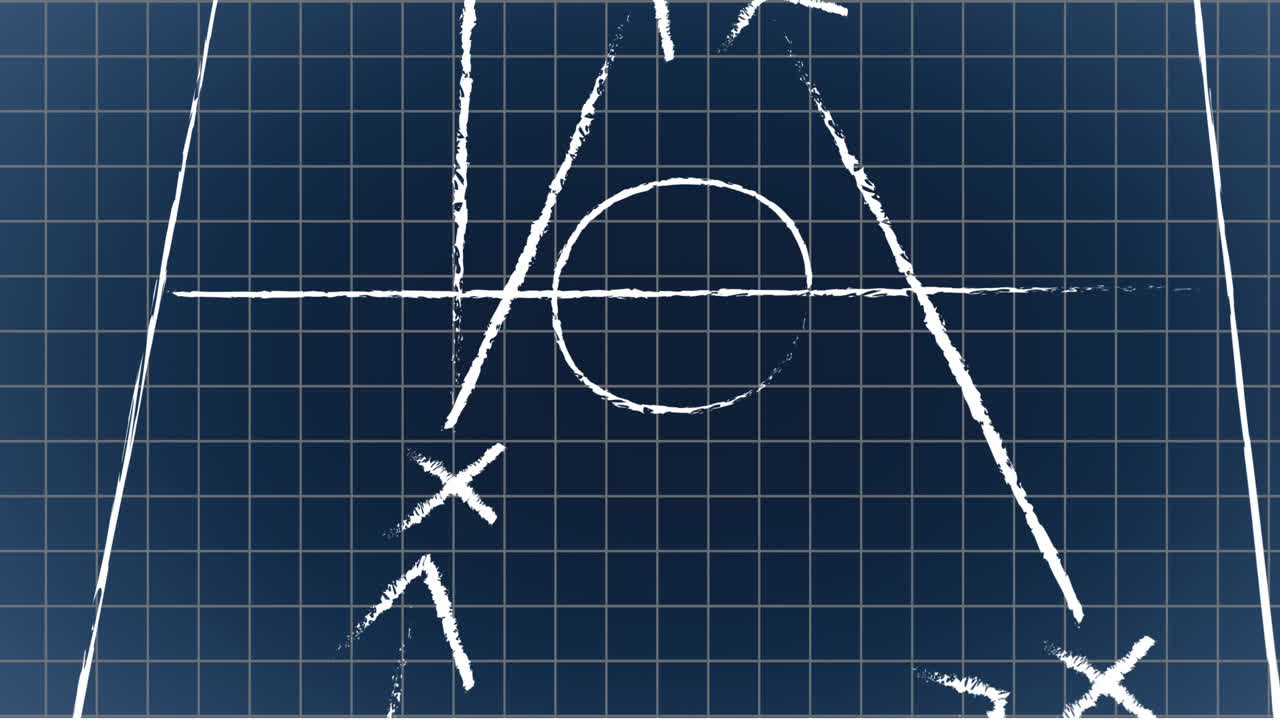 검은 바탕에 그리드 패턴에 스포츠 코트에서 원과 함께 화살표와 x의 애니메이션
