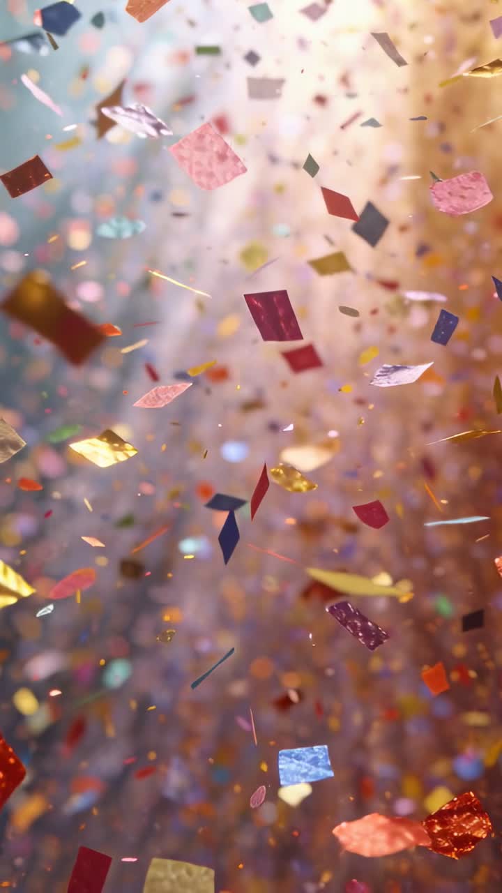 Video vertical: Confeti cae flotando hacia la lente tras ser lanzado con la mano en una fiesta, de lámina metálica.