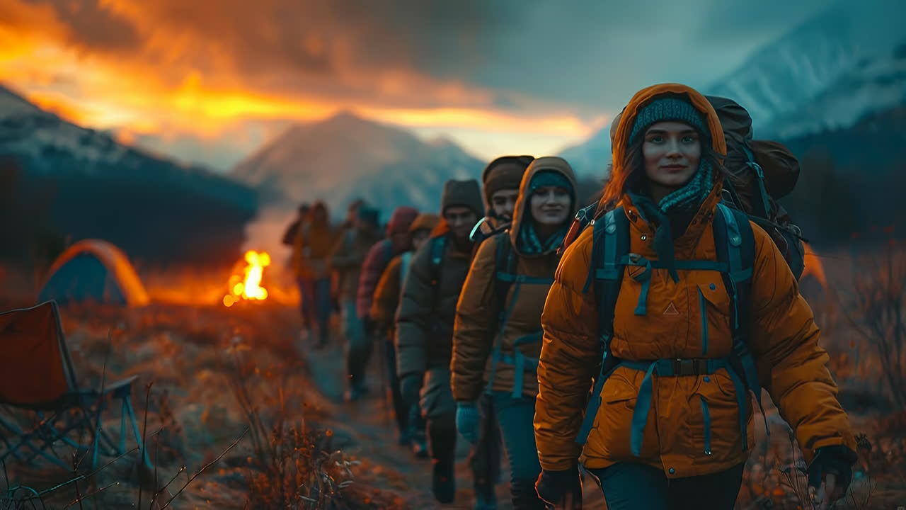 Hikers near a mountain fire. Group of hikers walk in line toward a campfire with mountains and colorful sky in the background during sunset