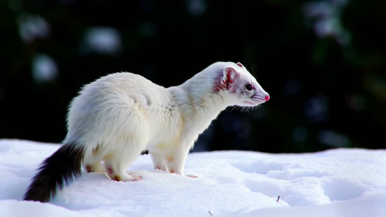 White Ermine with a Black Tipped Tail Running Through a Snowy Winter Landscape